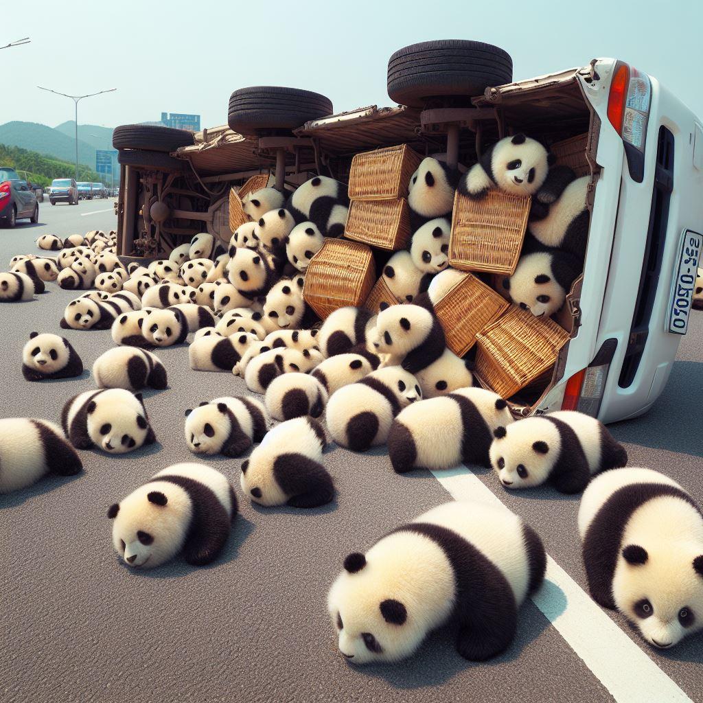 高速道路にてパンダ散乱す
