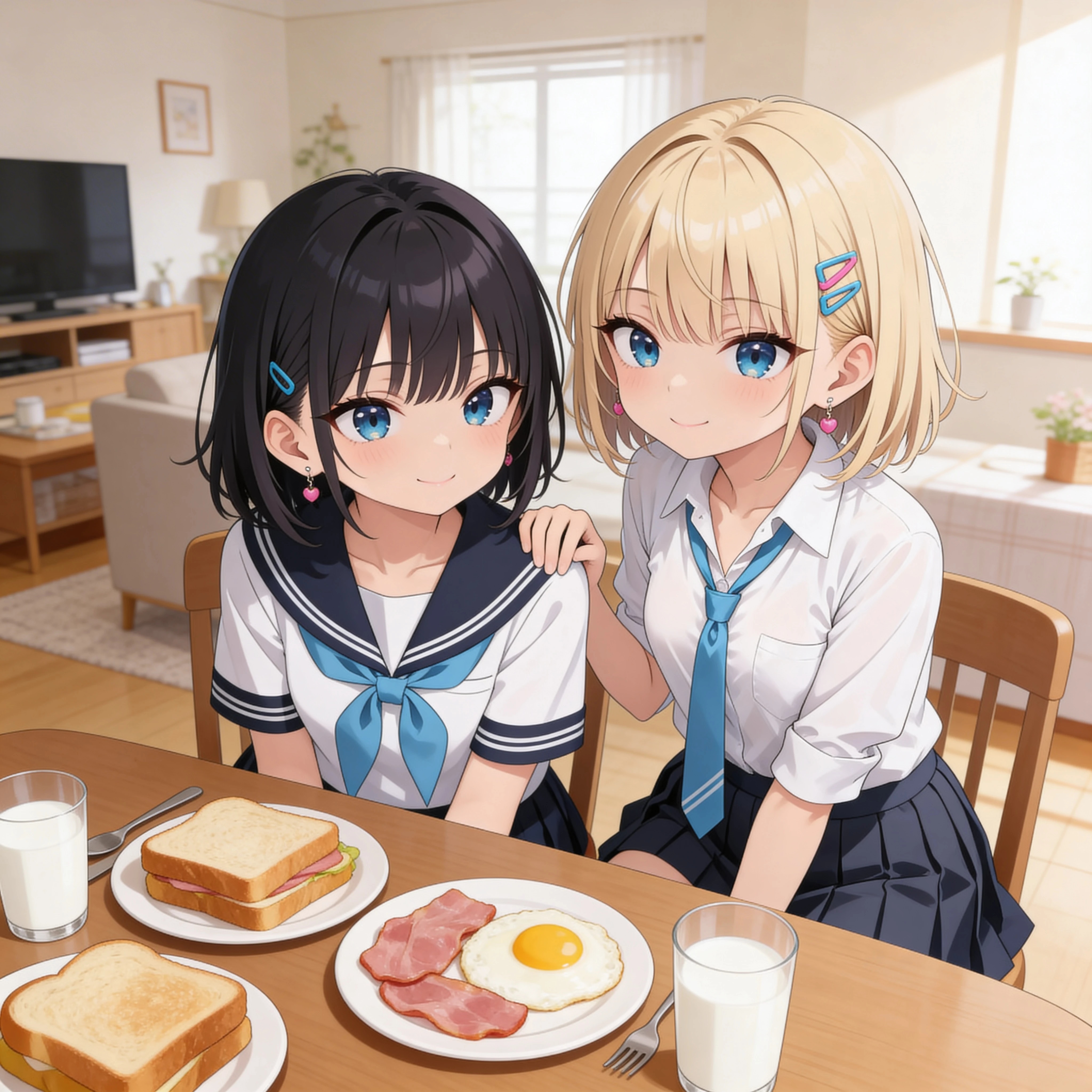 ギャルと優等生の双子の朝食風景 | の人気AIイラスト・グラビア