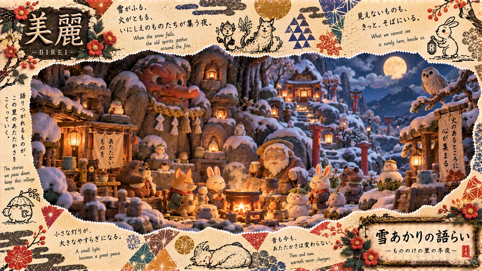 Snowlight Stories — A Winter Night in the Spirit Village  When the snow falls, the old spirits gathe | の人気AIイラスト・グラビア