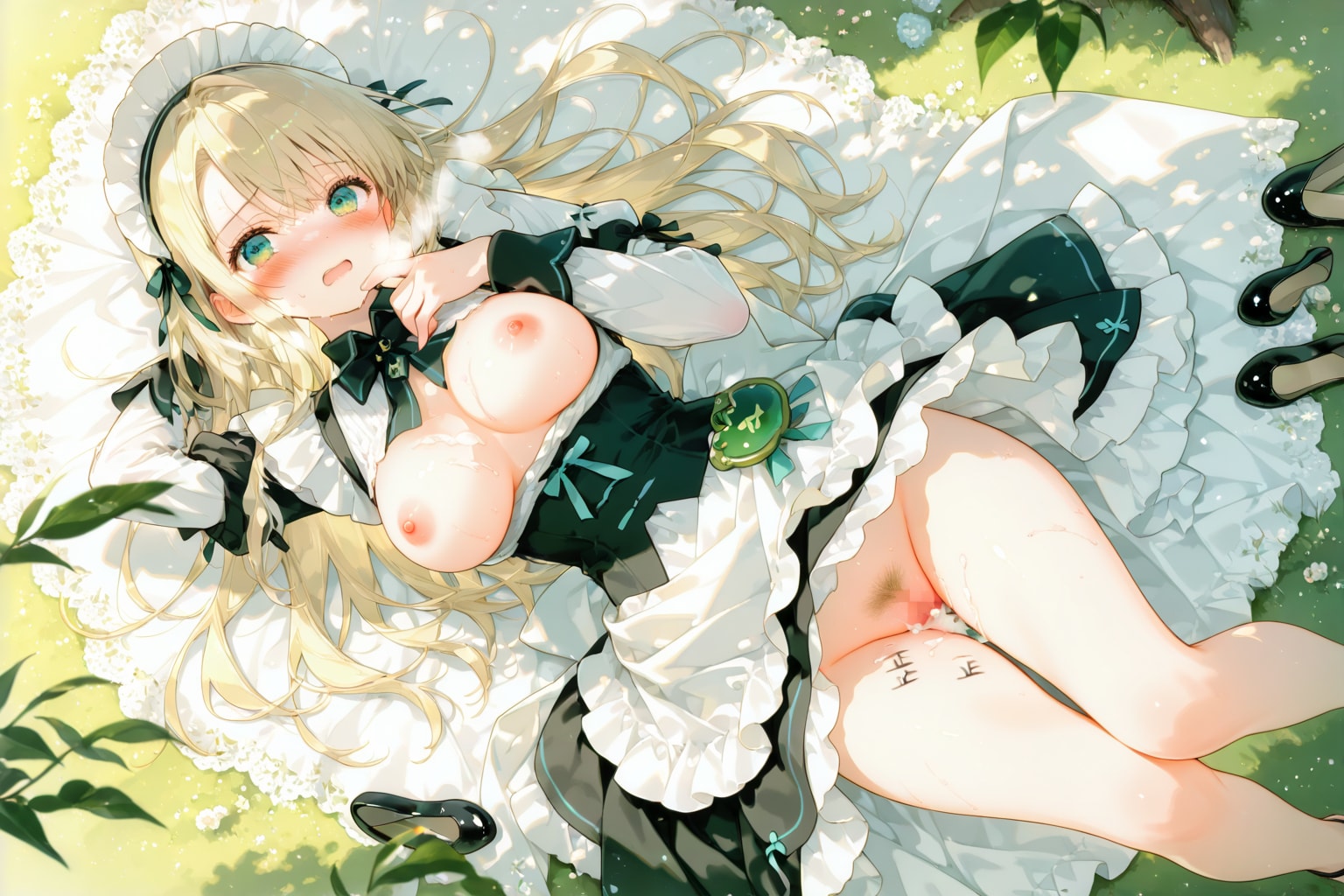 cute blonde maid girl lying on the grass,