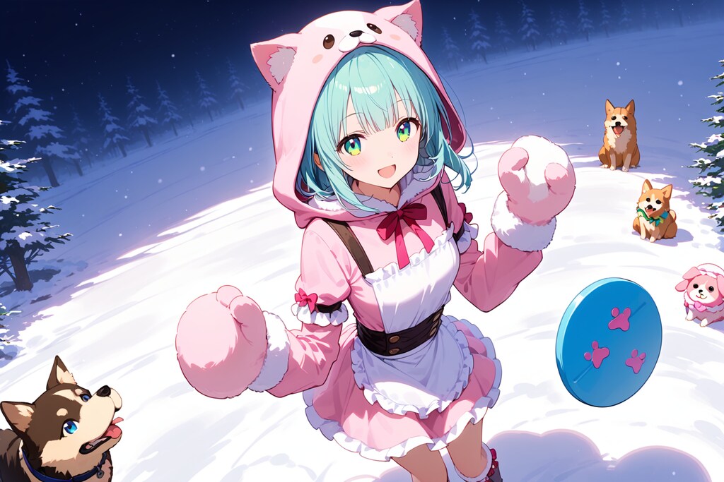 ピンク色の雪遊び