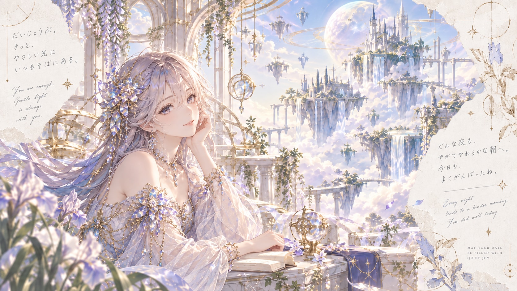 Gentle light resting in a sky castle library, wisteria drifting past floating ruins.  You are enough | の人気AIイラスト・グラビア
