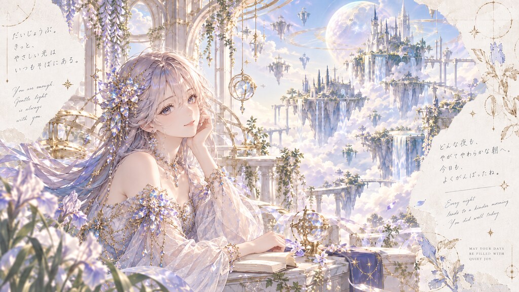 Gentle light resting in a sky castle library, wisteria drifting past floating ruins.  You are enough