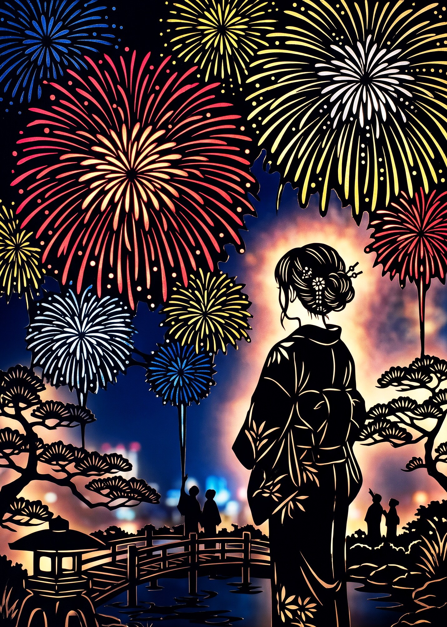 切り絵風花火