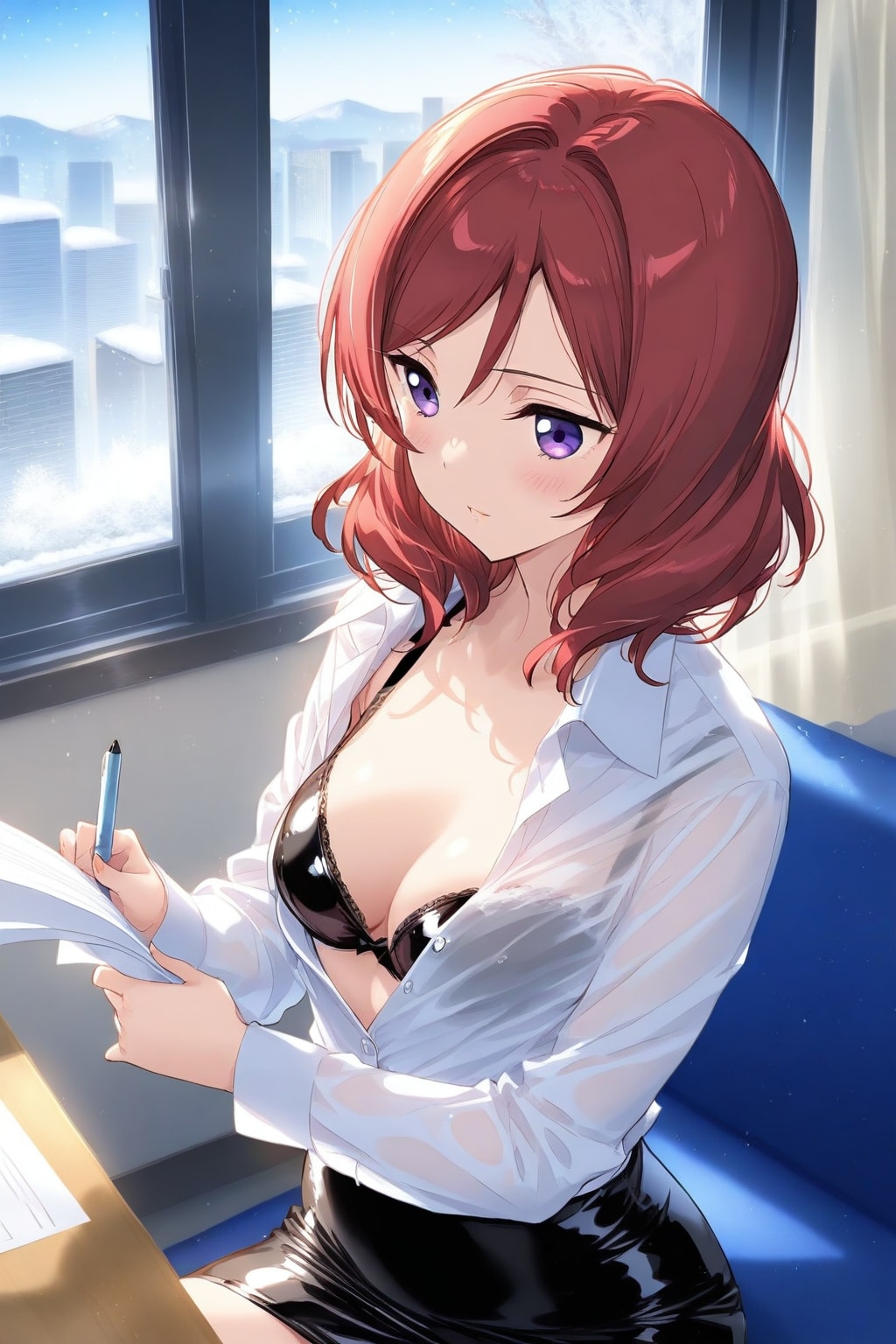 デスクワークをするオフィス衣装の真姫まー