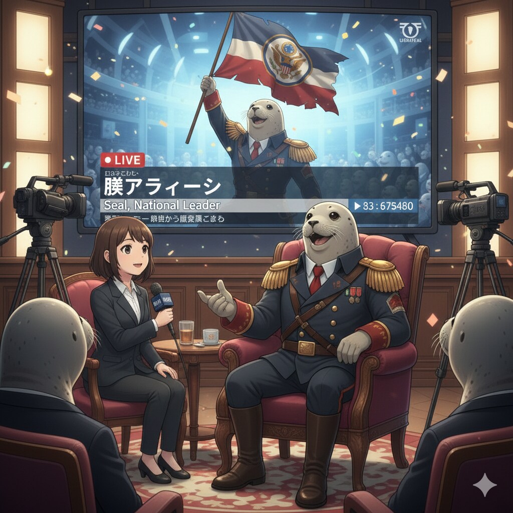 インタビューを受けるアザラシ