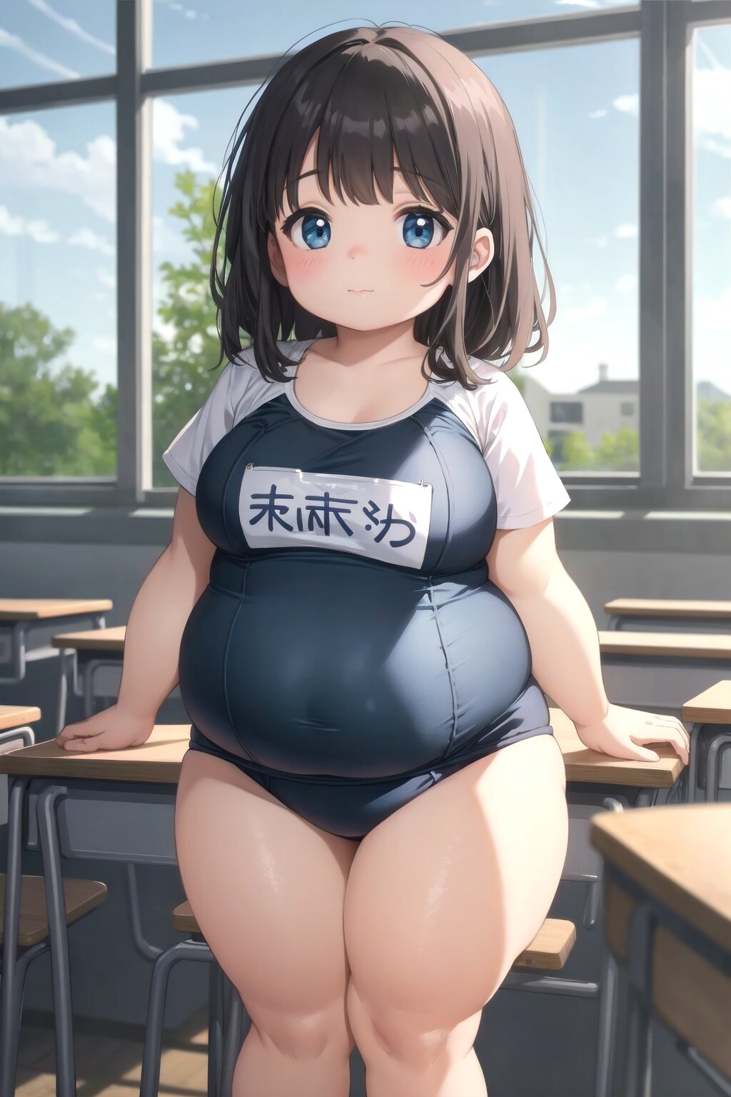 ぽっちゃり学園生がスクール水着を着て教室に居る