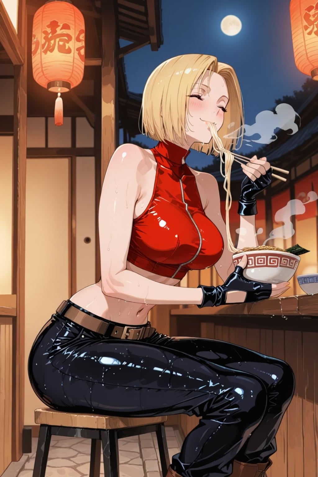 うどん食べる私服コスプレボブカット人妻