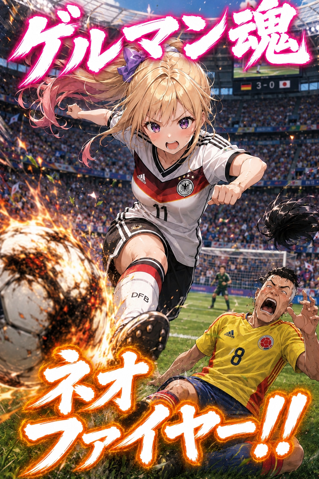 ネオファイヤーショットを放つサイドポニーテールちゃん