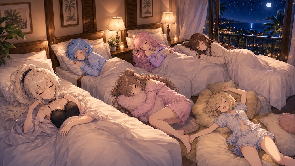 リゾートの夜、みんなでお休みタイム🌙💤