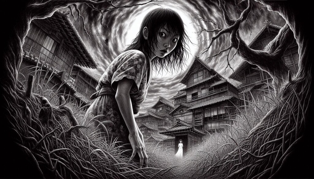 雰囲気ホラーならDalleちゃんにお任せ♪・・タイトルは「立ち寄ってはいけない時間が止まった村」