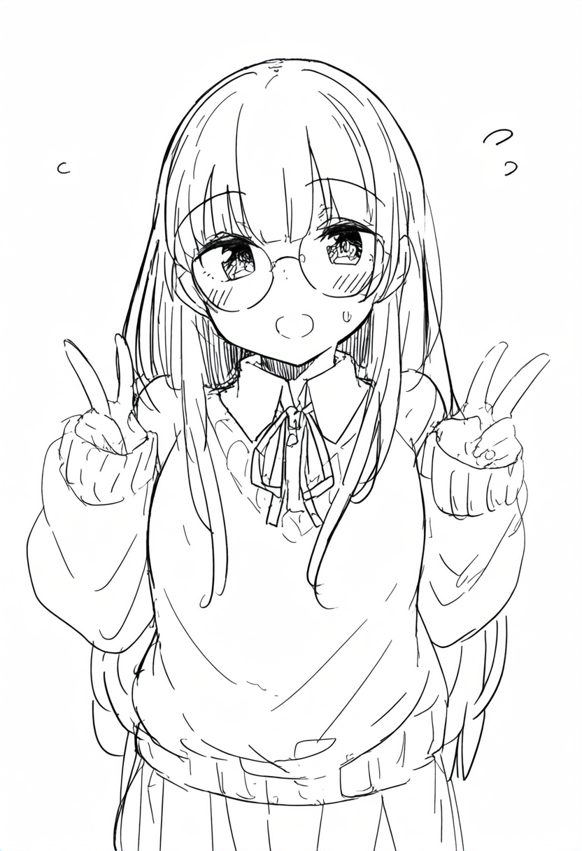 ダブルピースさせられる眼鏡っ娘（ラフスケッチ風）