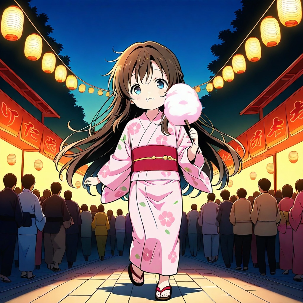 お祭りでわたあめを食べる小さな女の子