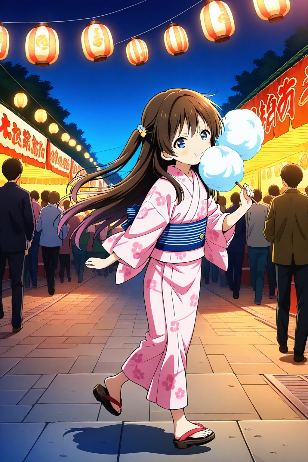 お祭りでわたあめを食べる小さな女の子