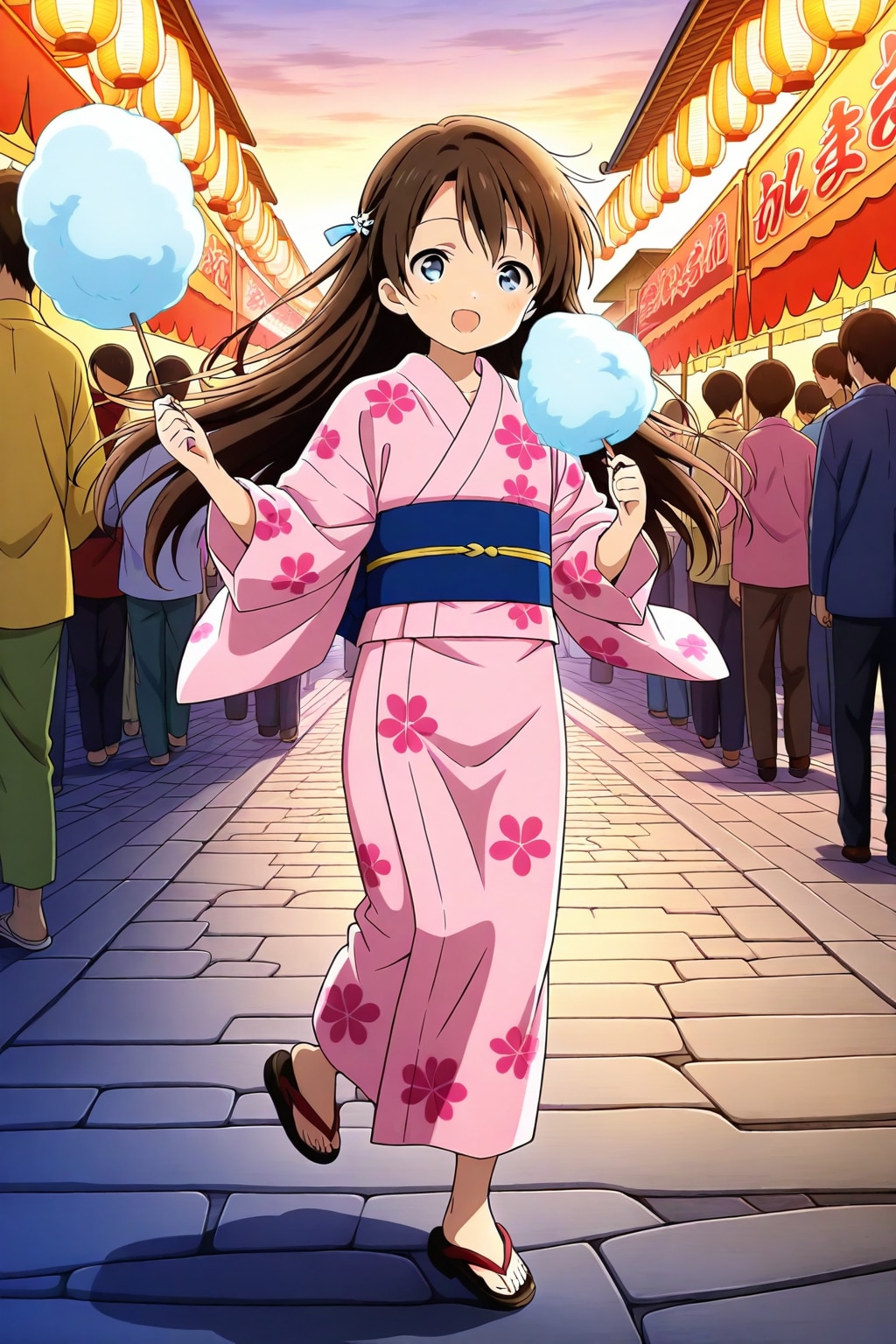 お祭りでわたあめを食べる小さな女の子