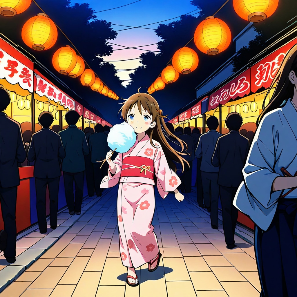 お祭りでわたあめを食べる小さな女の子