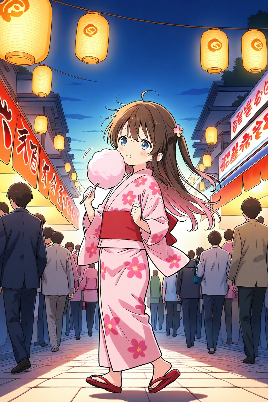 お祭りでわたあめを食べる小さな女の子