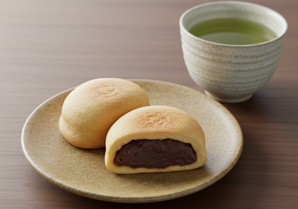 デザートの粒餡饅頭と緑茶のセット