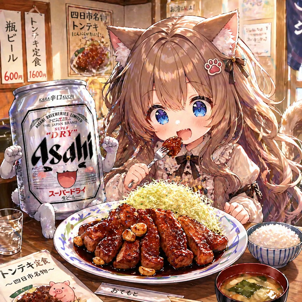 トンテキを食べる小さな女の子