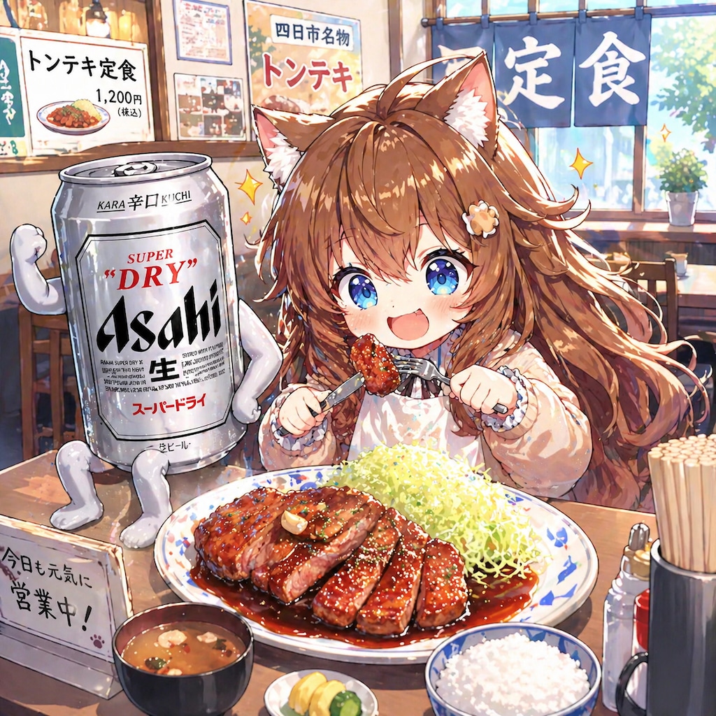 トンテキを食べる小さな女の子