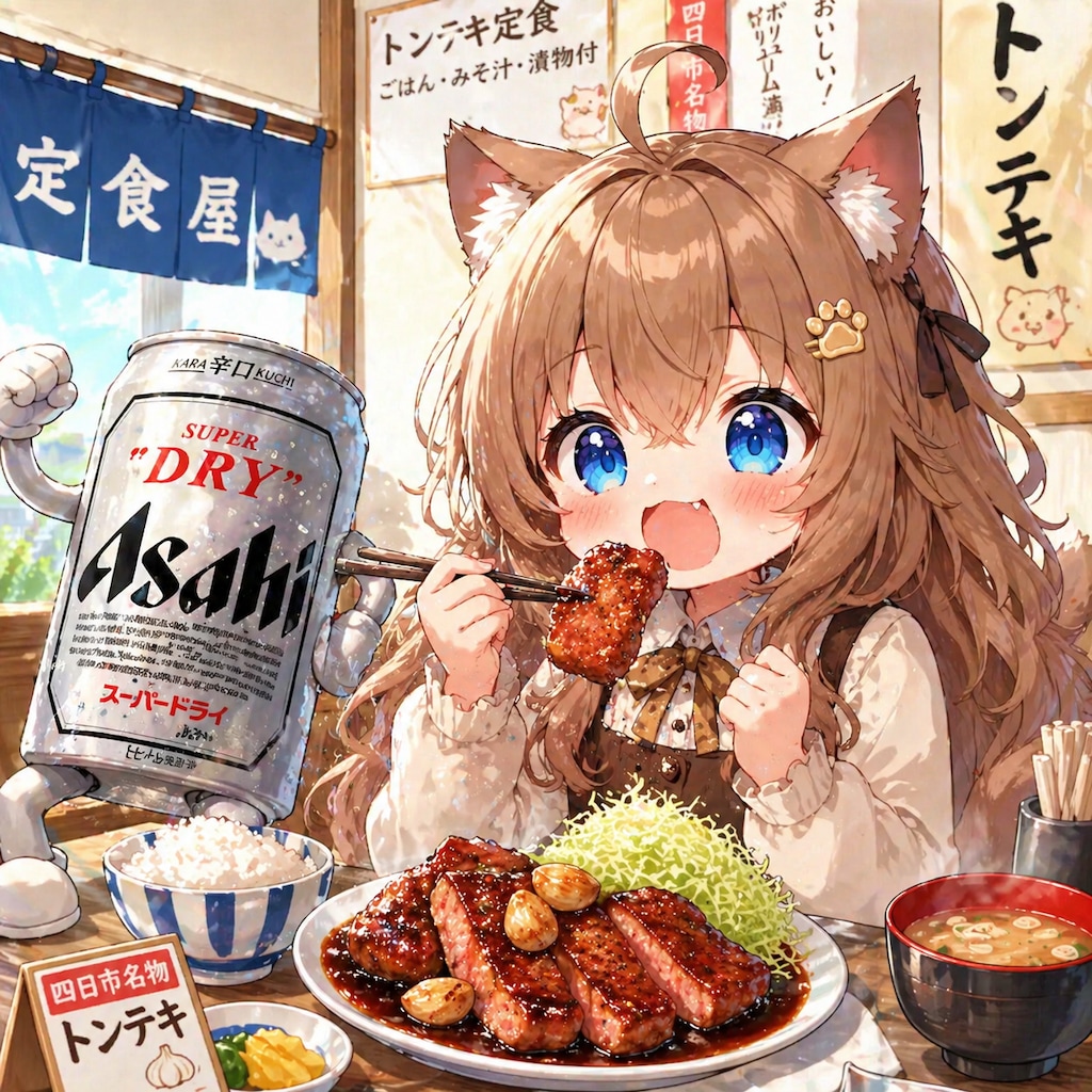 トンテキを食べる小さな女の子
