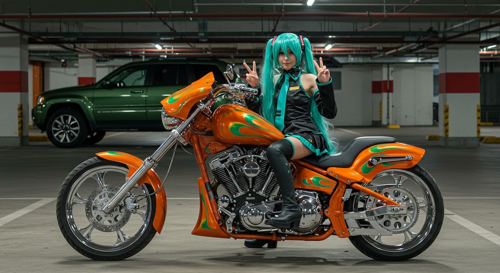 初音ミクコスプレイヤーとハーレーダビッドソン