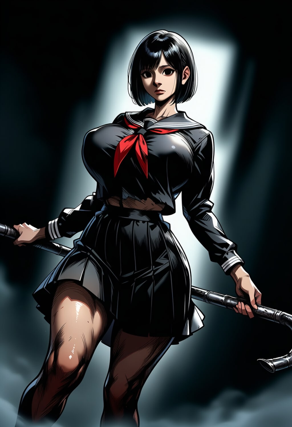 怪物に襲われた制服人妻＆ホラー白黒絵