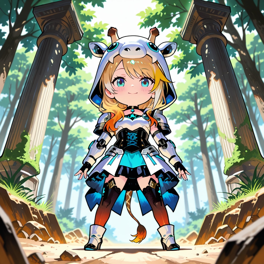 森の中の遺跡とキリンフーディーちびメカ娘ちゃん | の人気AIイラスト・グラビア
