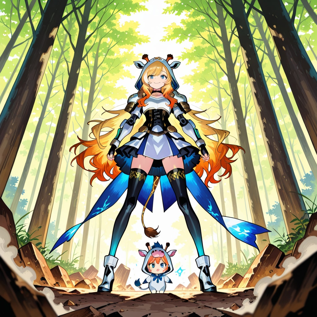 森の中の遺跡とキリンフーディーちびメカ娘ちゃん