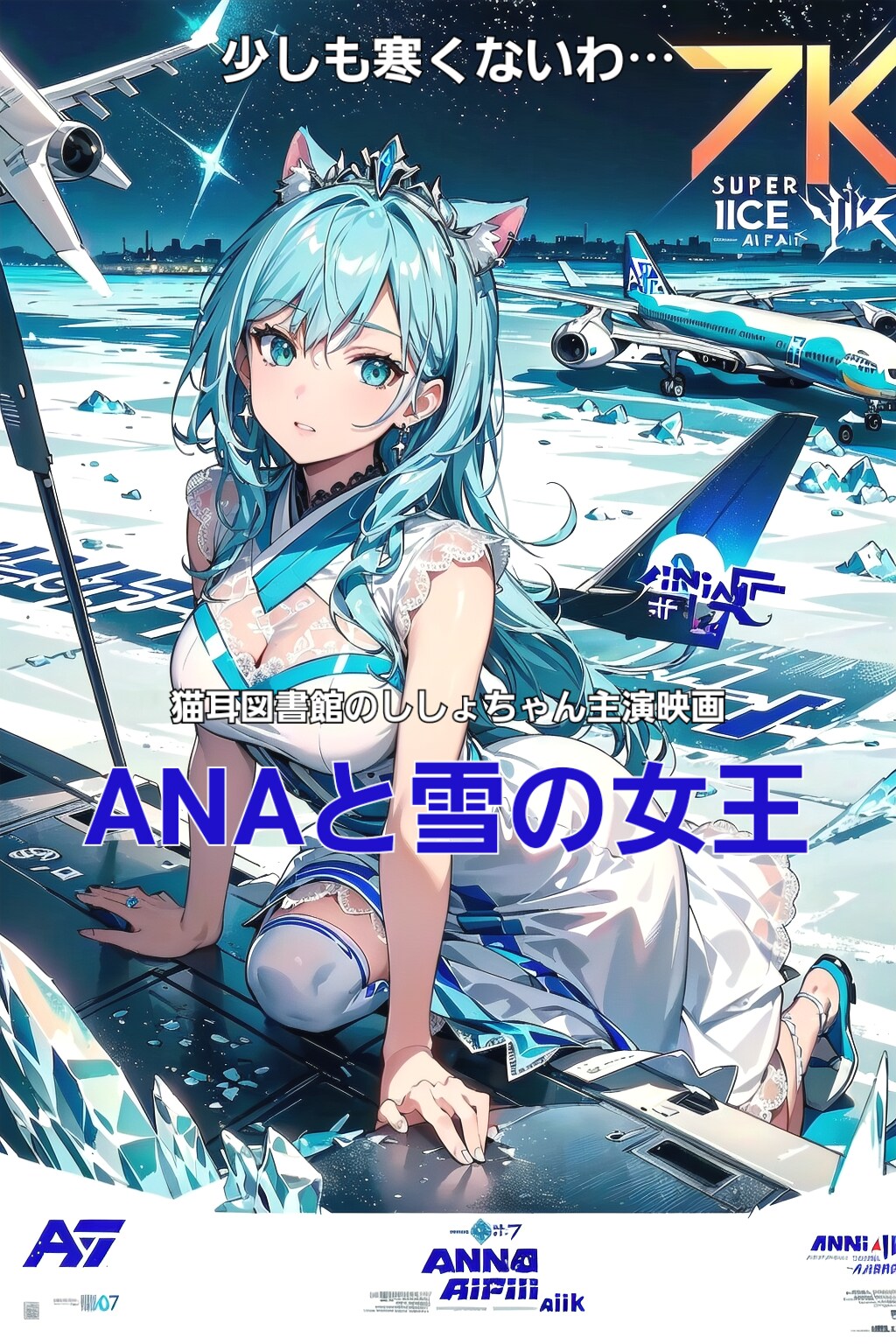 猫耳図書館のししょちゃん主演映画『ANAと雪の女王』🧊映画ポスター風🎥