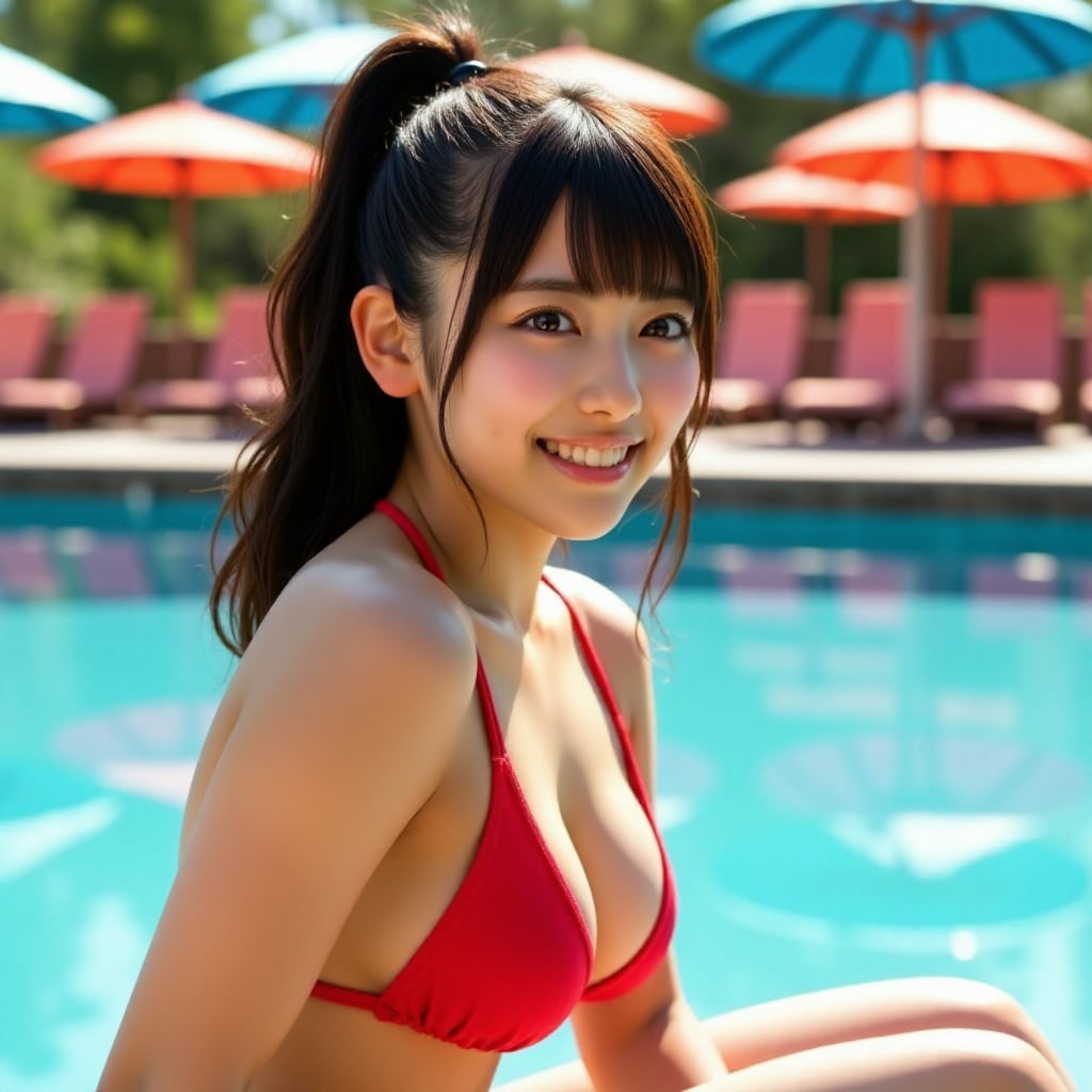 赤ビキニ・ポニーテール美少女