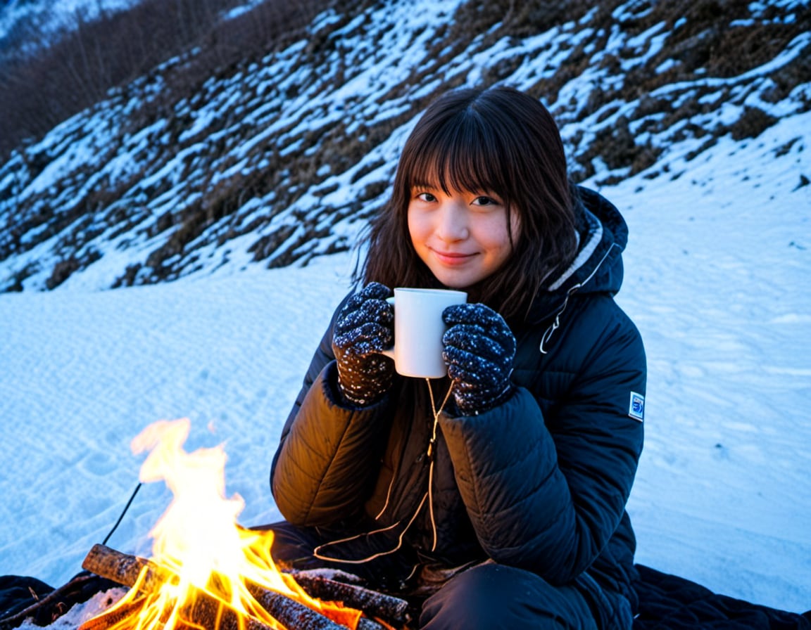 雪山でコーヒーを飲む少女_10