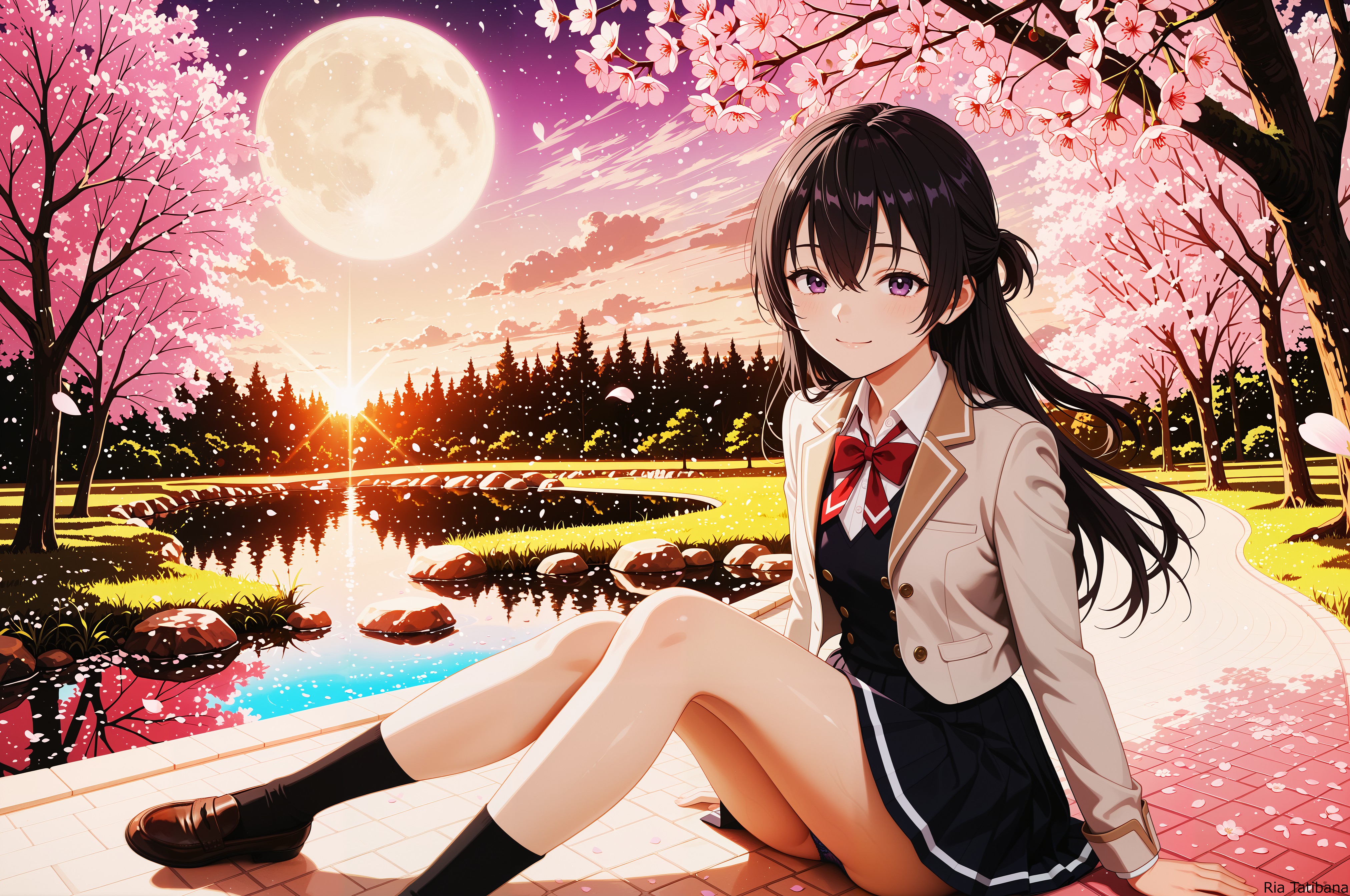 夕暮れと月と桜