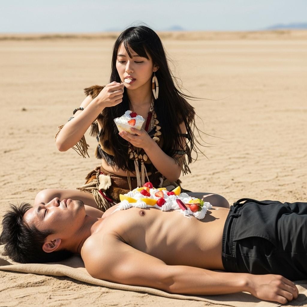 砂漠でスイーツを食べる女性