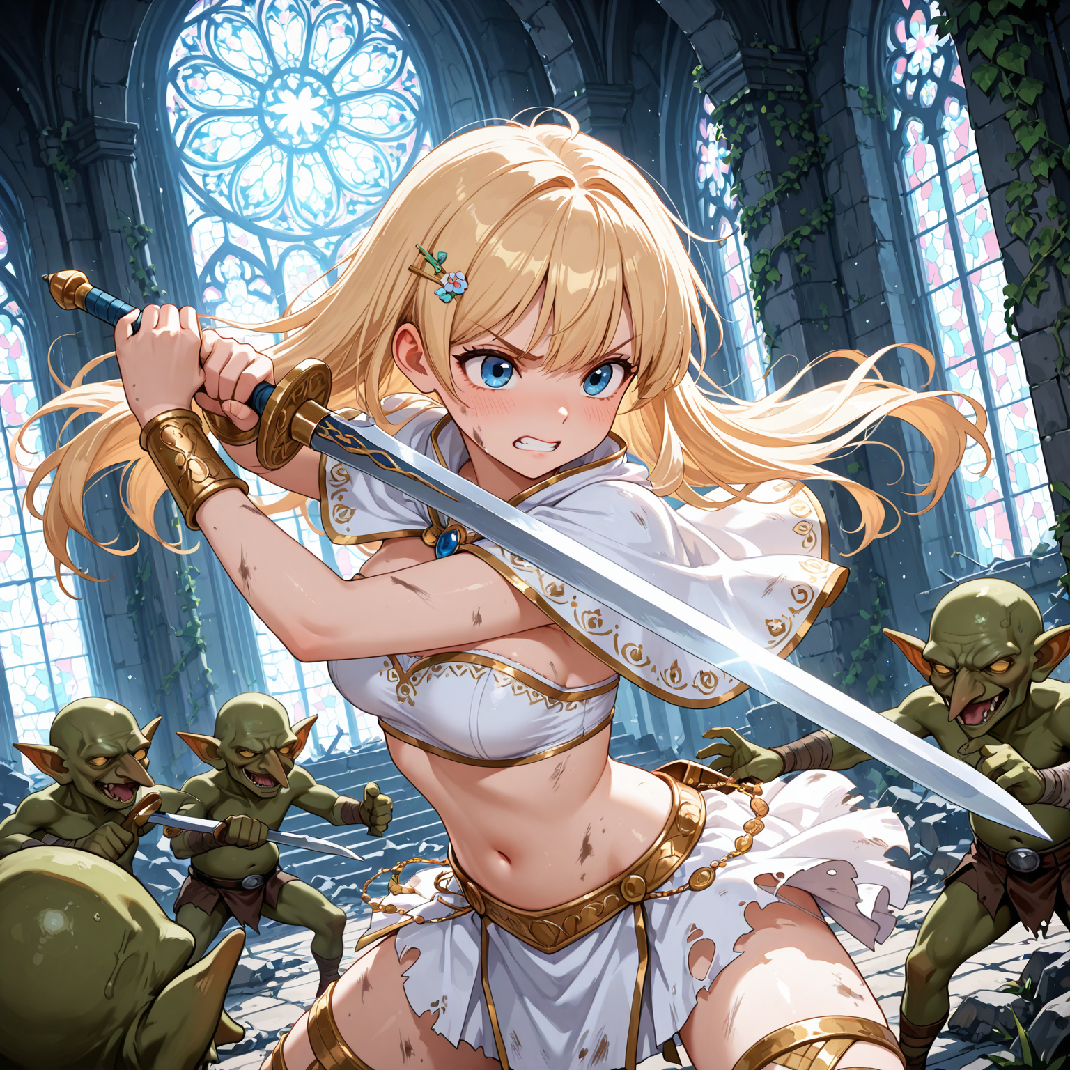 朽ちた礼拝堂で戦う金髪剣士ちゃん