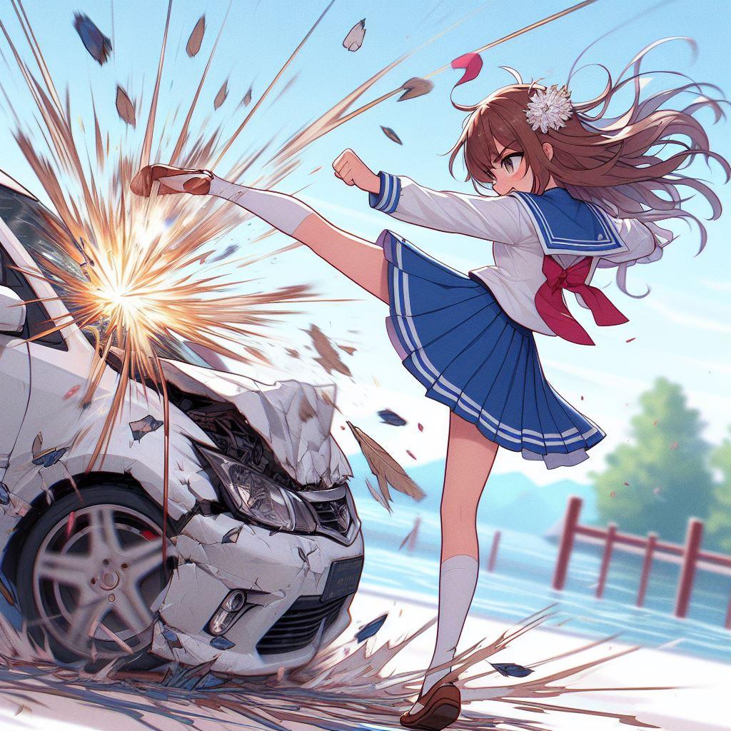 暴走する車を蹴り止める女子高生！