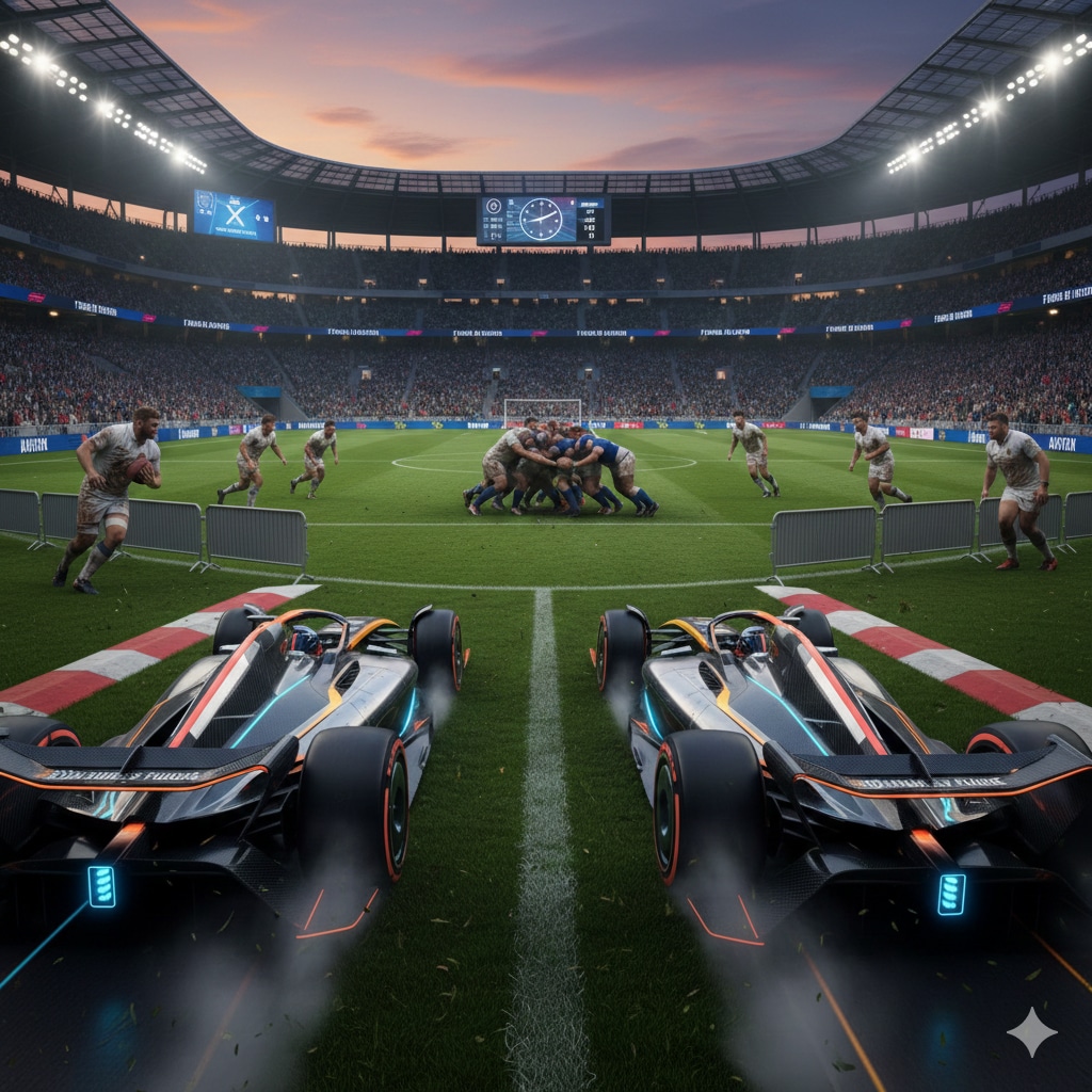 サッカー場でラグビー試合のさなかのF１レース