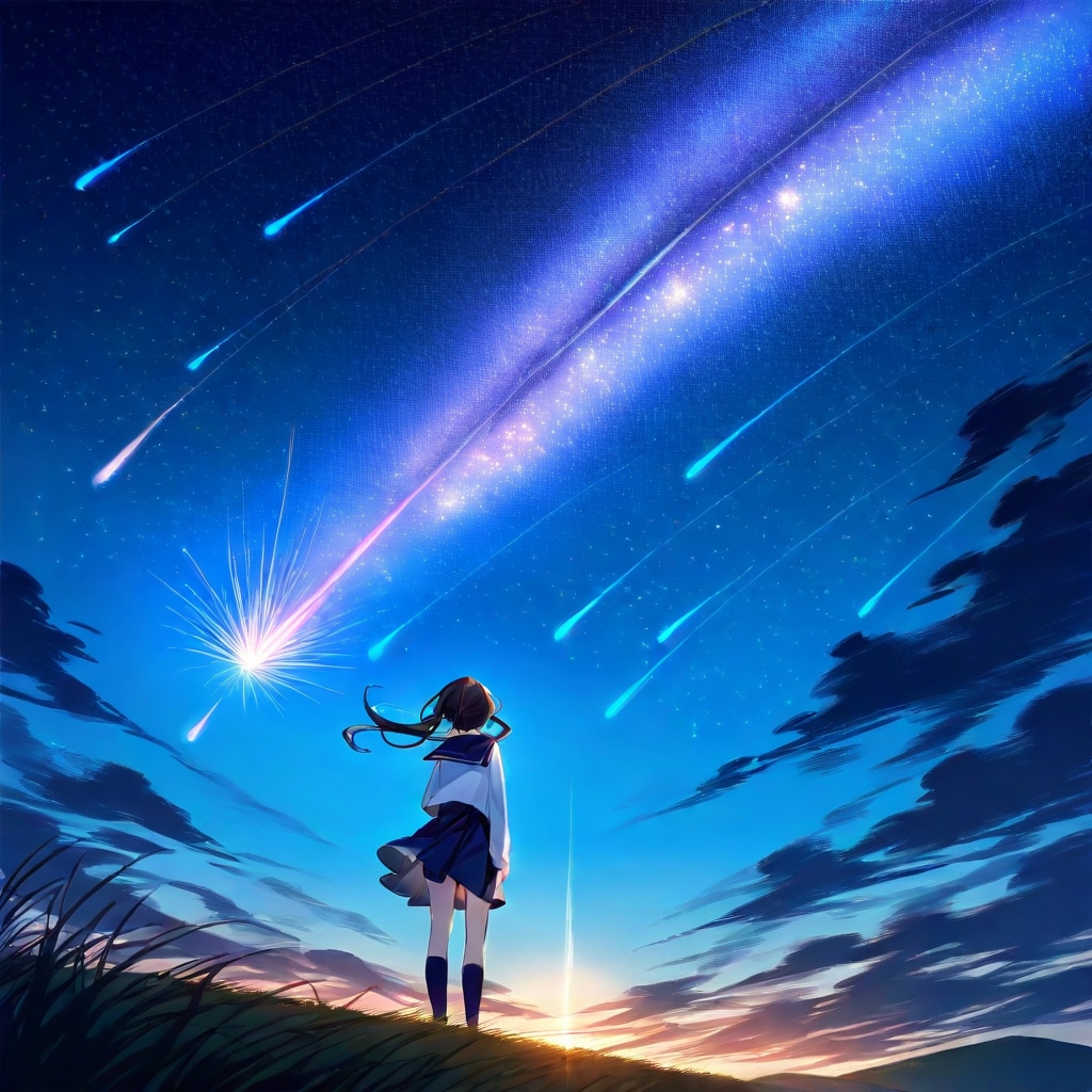 沈む夕日と流星群 | の人気AIイラスト・グラビア