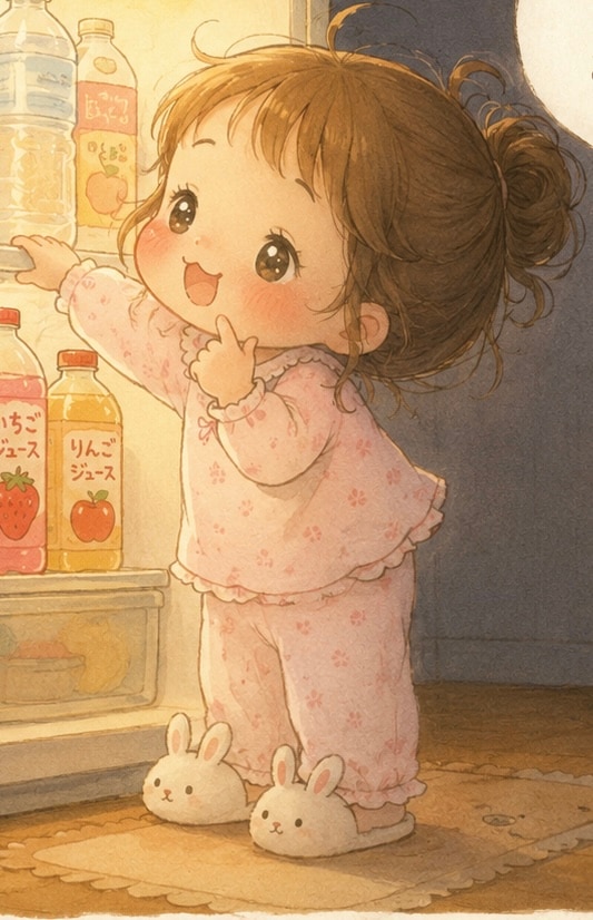 夜中に冷蔵庫からジュースを取り出そうとしてる女の子
