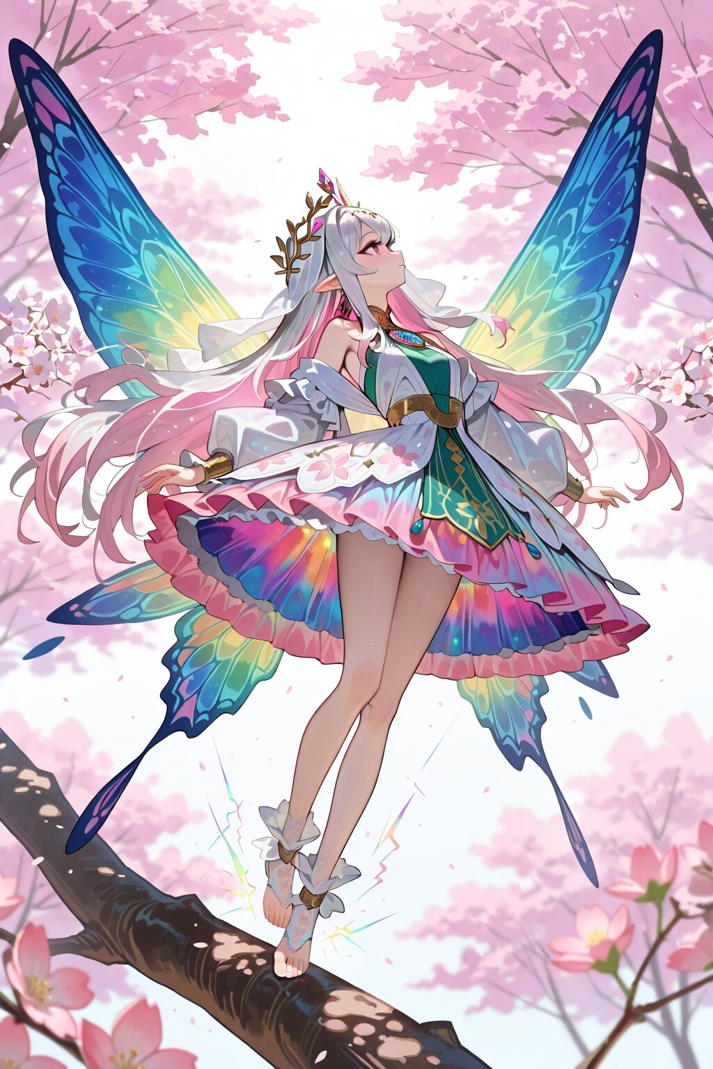 満開の桜をもっと近くで見たくて、枝の上に立ってみた桜の花より生まれし蝶の精霊