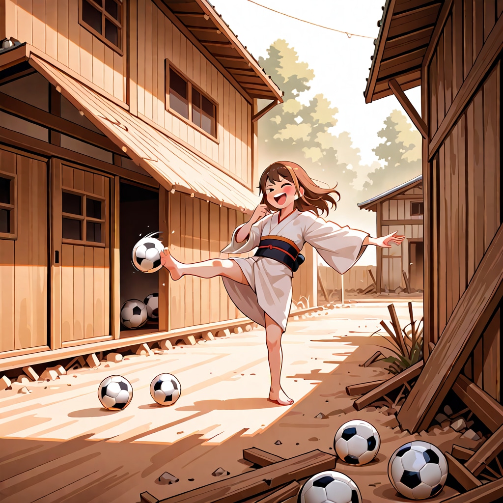 廃村でボールを蹴り回す取り込まれた娘