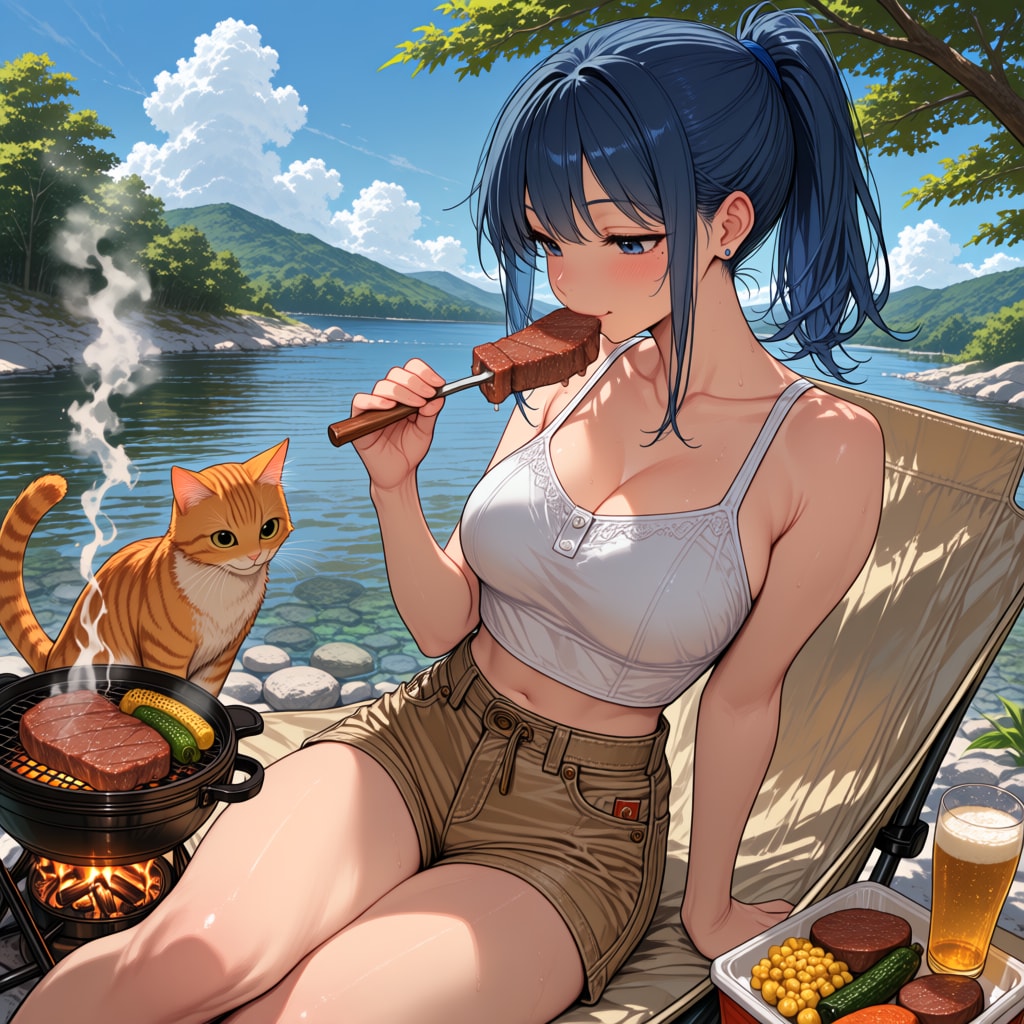 河原でBBQ！焼きたてお肉がうますぎる～！🥩🔥 | の人気AIイラスト・グラビア