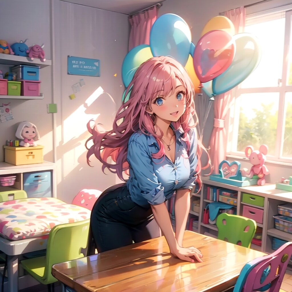 保育園でいっぱい風船を持つピンク髪ロングの美女先生。