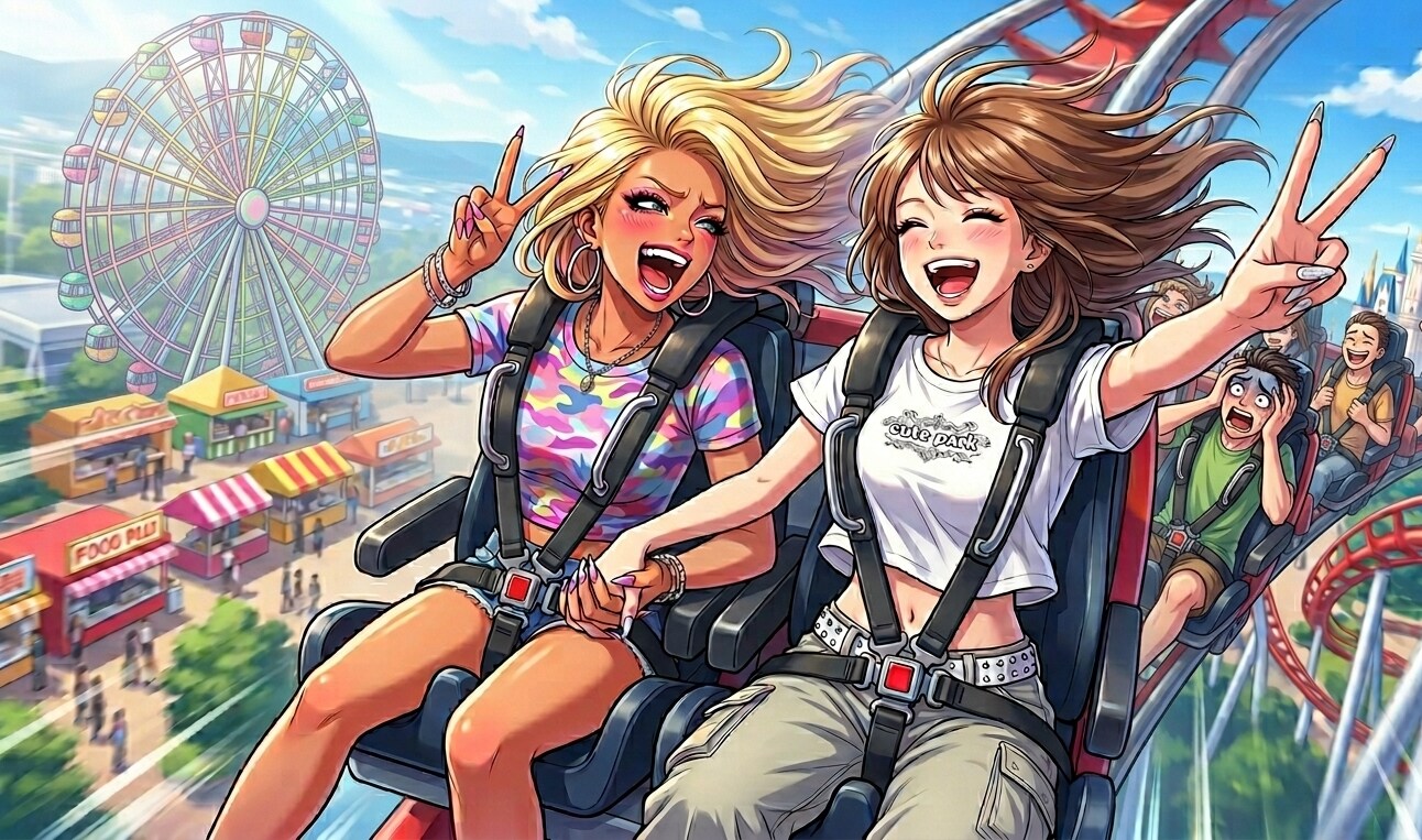 遊園地を楽しむギャルたち
