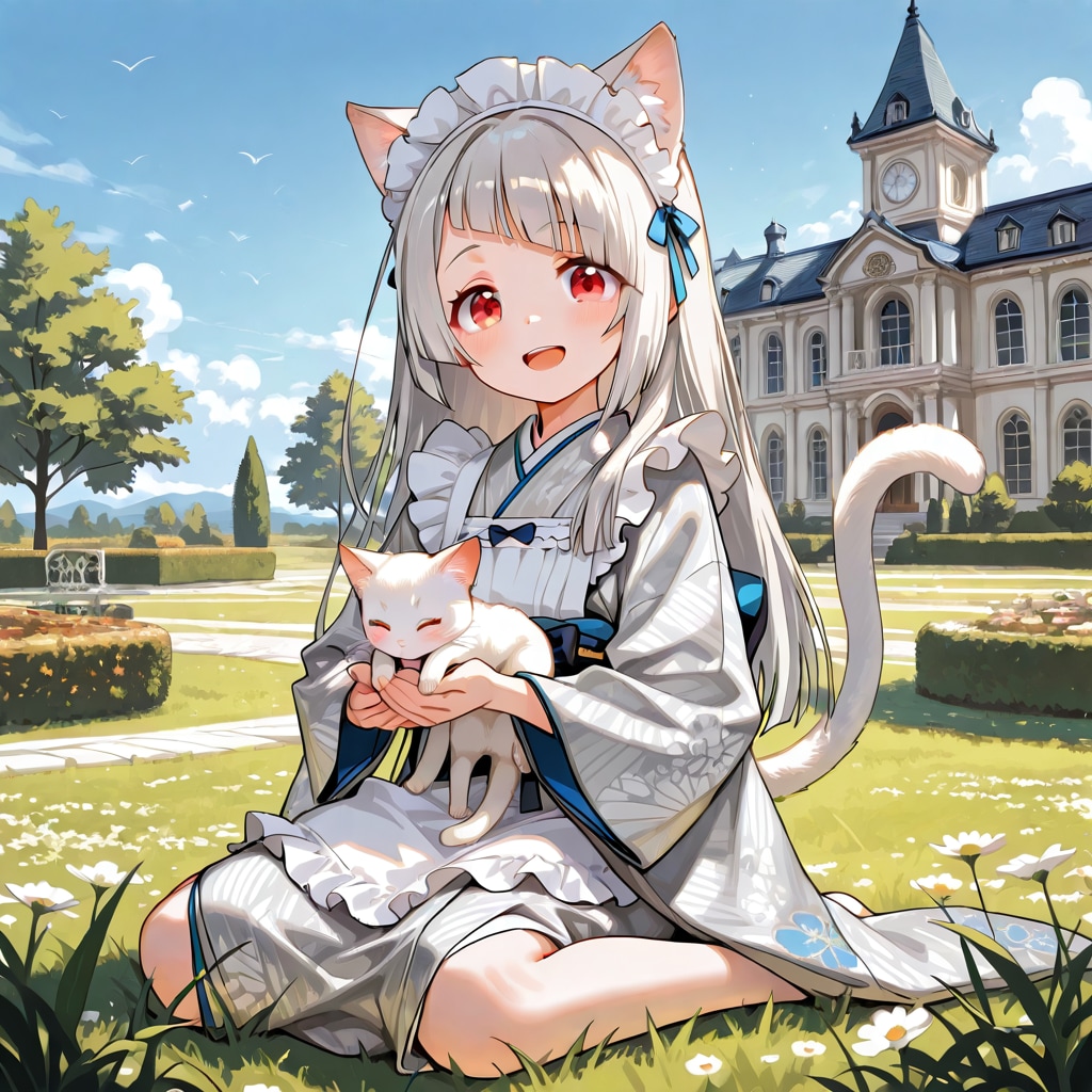 子猫と戯れる猫娘　ネネ