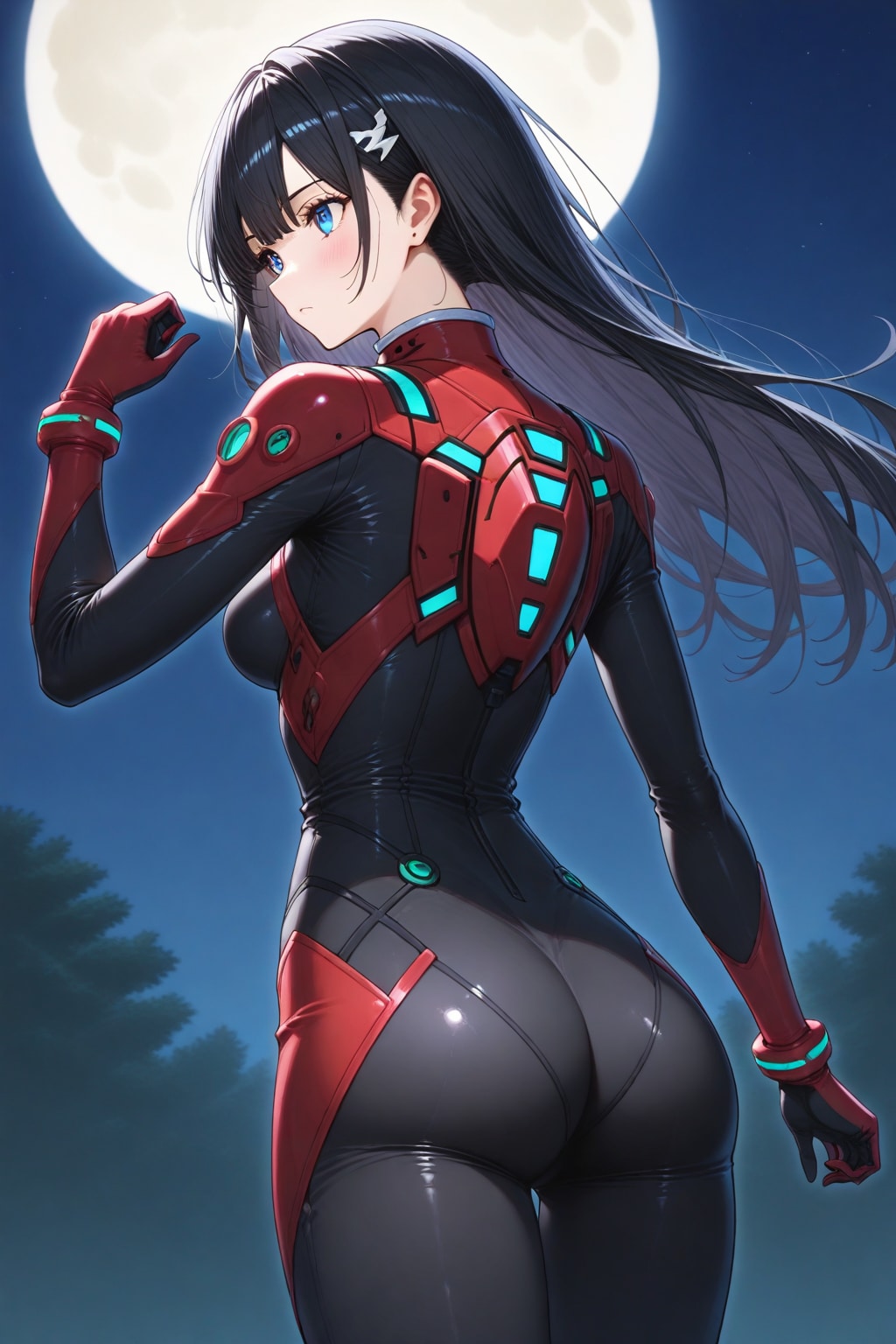 パイロットスーツの女性と満月