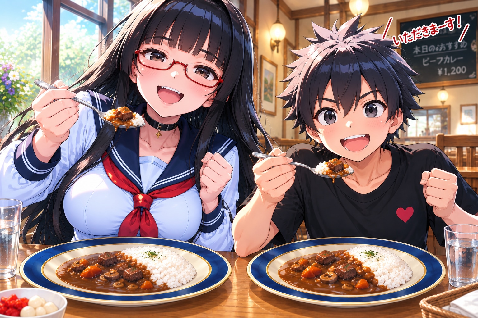2枚のお皿で食べるカレー | の人気AIイラスト・グラビア
