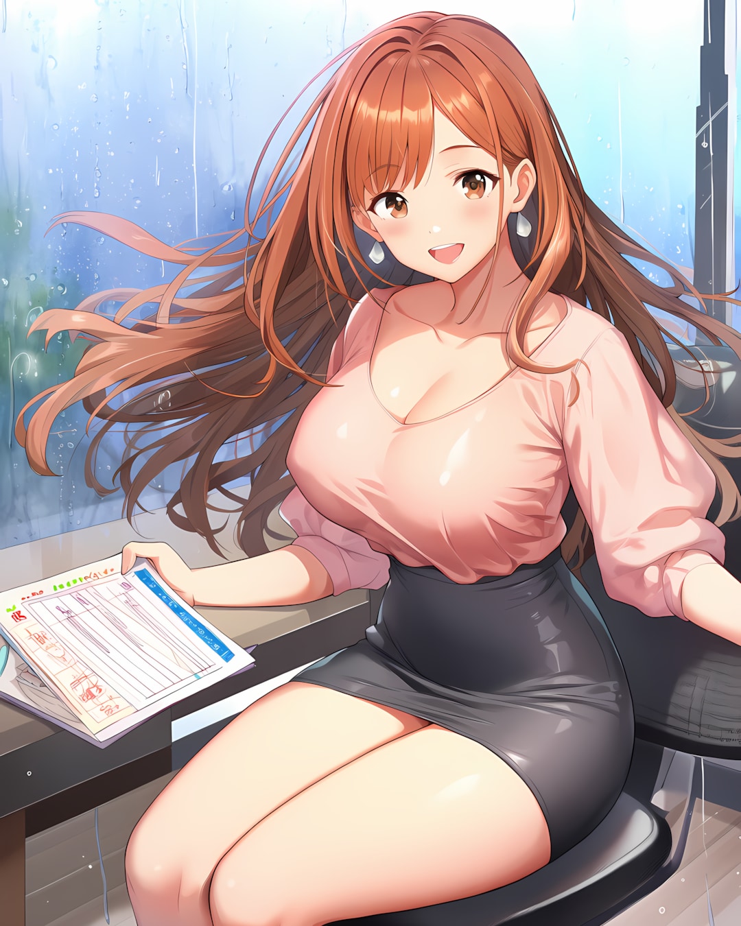 雨の日のオフィス💻資料をめくるノノカ | の人気AIイラスト・グラビア