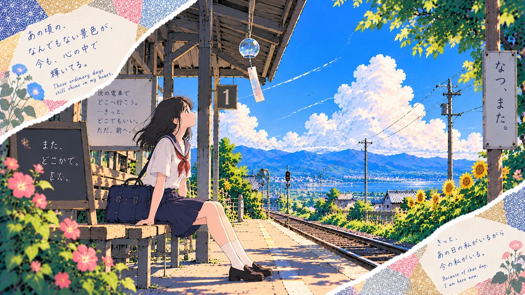 Summer Station: See You Somewhere Again  A schoolgirl in a sailor uniform sits on a wooden bench at
