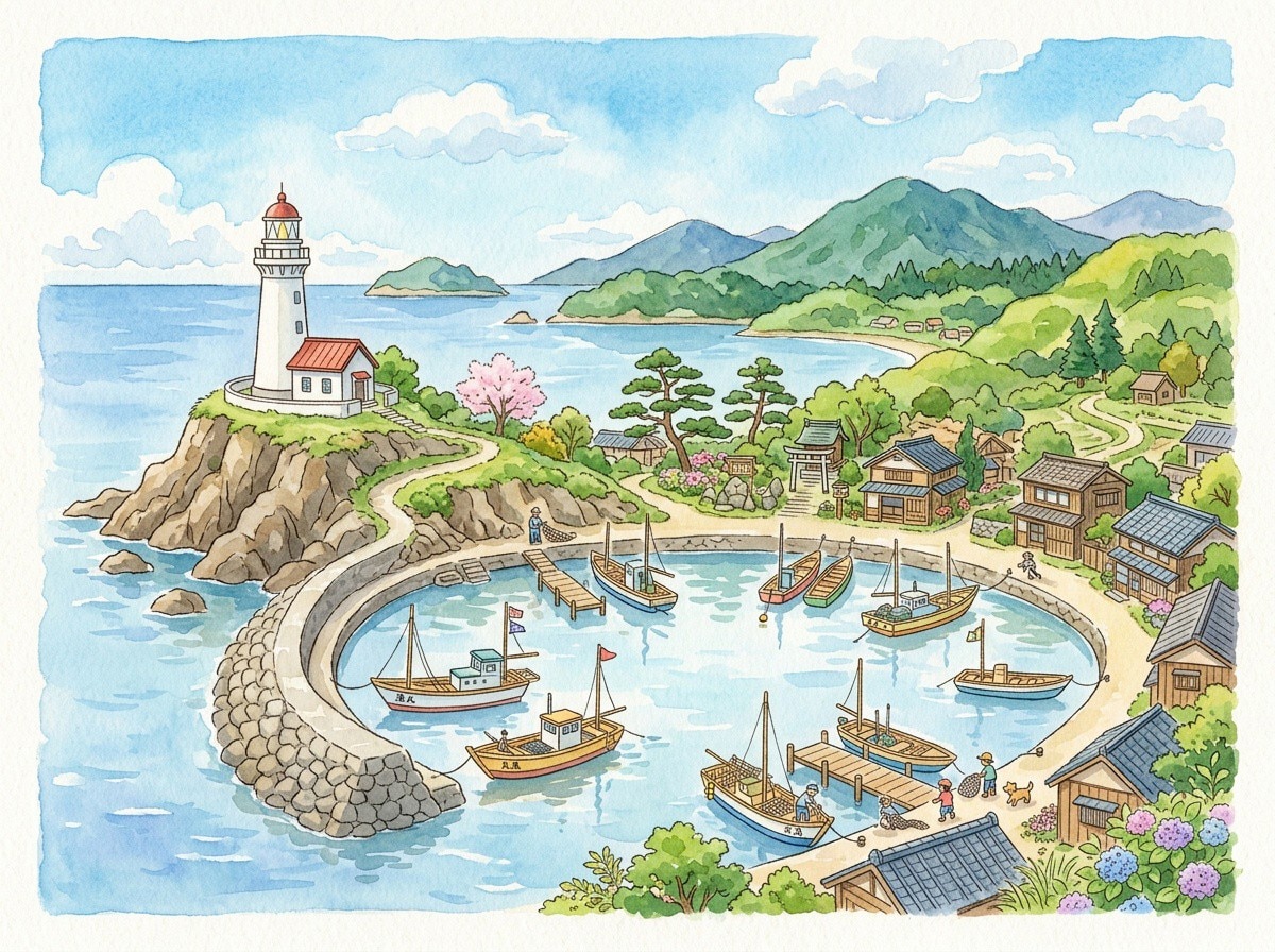 まるで絵本みたいな日本の港町 | の人気AIイラスト・グラビア